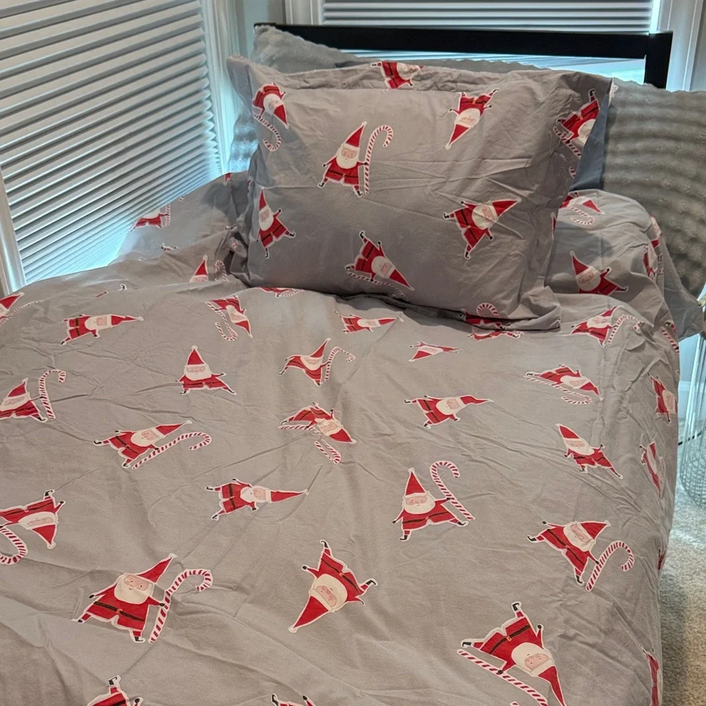West Elm Festive Santa Twin Bedding Set - Gray and Red
